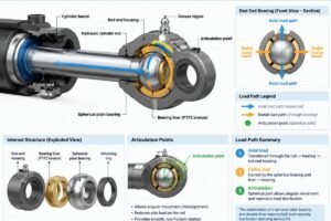 Technical diagram showing the internal structure of a hydraulic cylinder rod end bearing with labeled load paths and articulation points