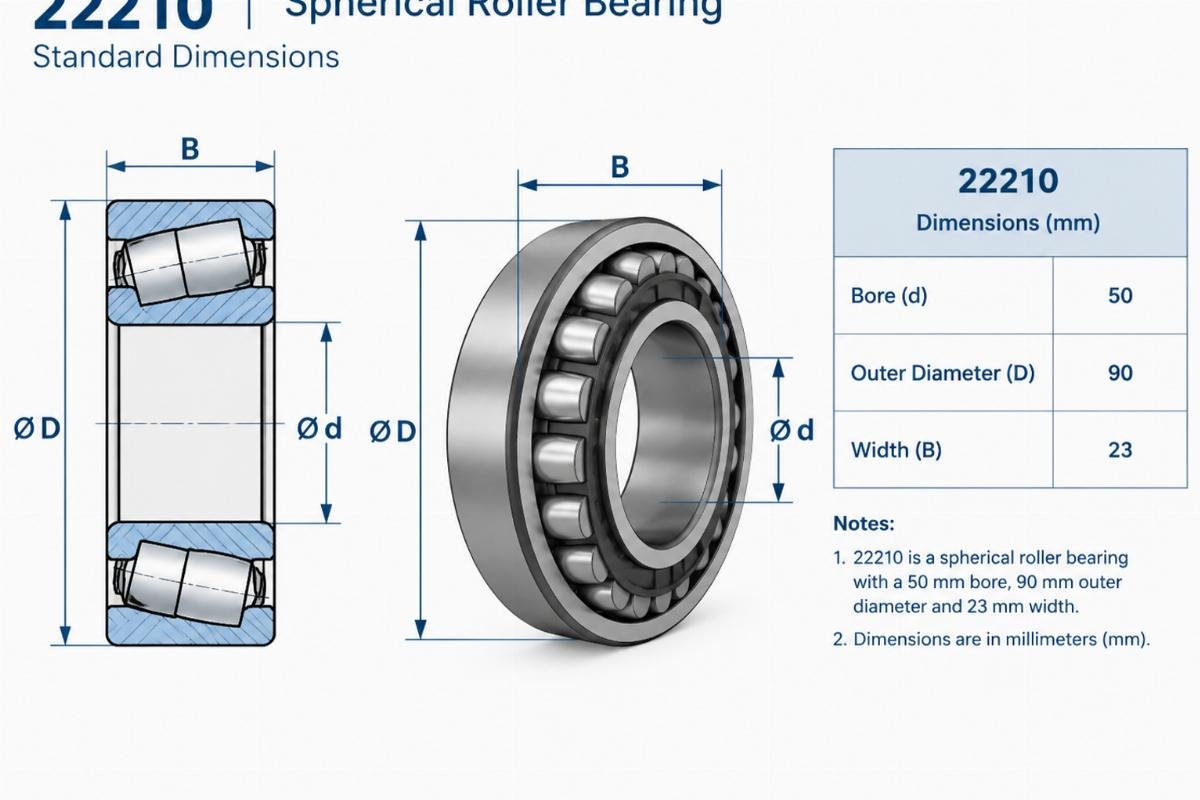 Technical diagram showing the standard dimensions of a 22210 spherical roller bearing including bore, outer diameter, and width