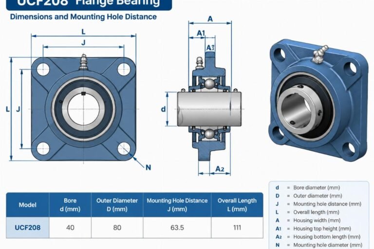Technical diagram showing UCF208 flange bearing dimensions including bore, outer diameter, and mounting hole distance