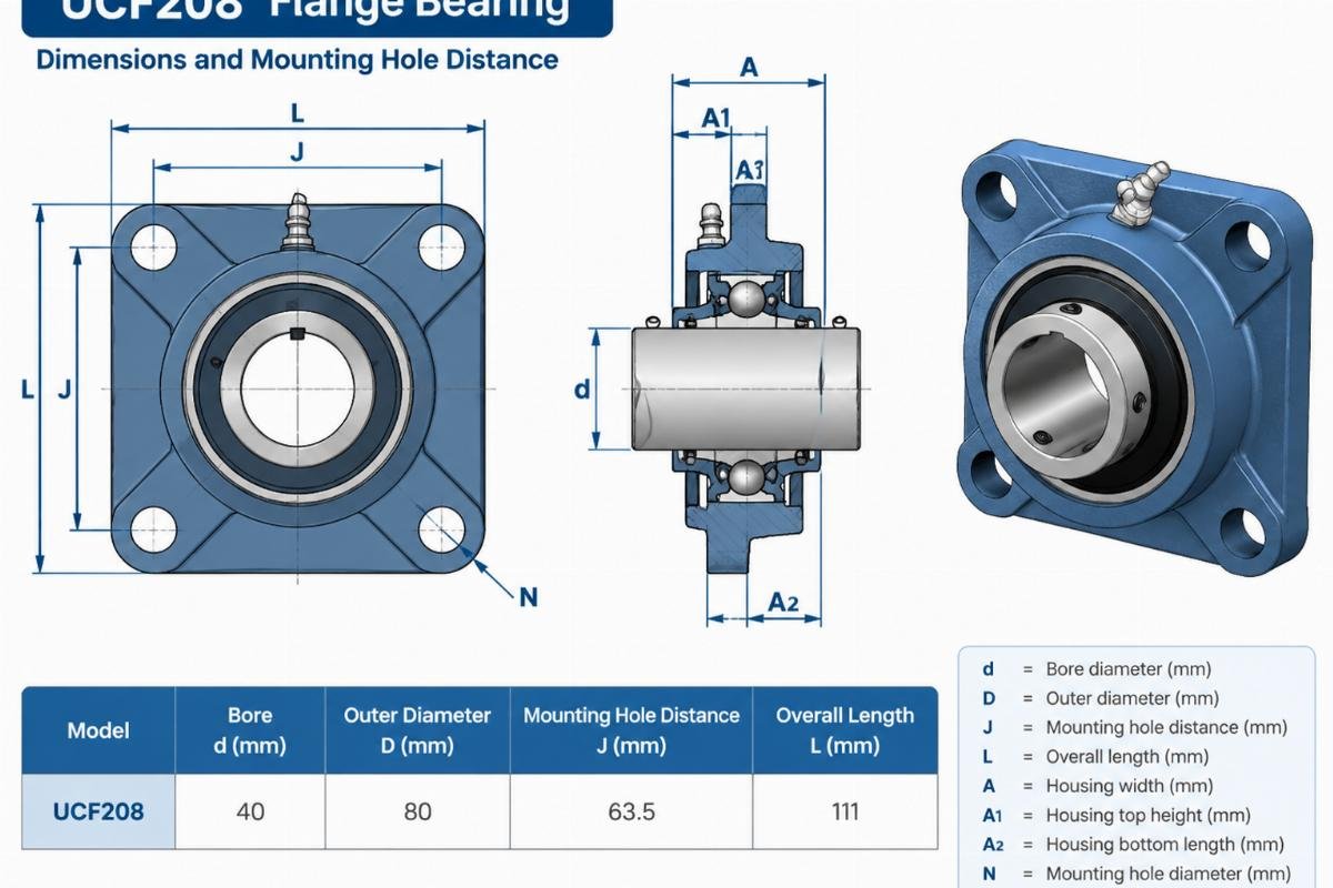 Technical diagram showing UCF208 flange bearing dimensions including bore, outer diameter, and mounting hole distance