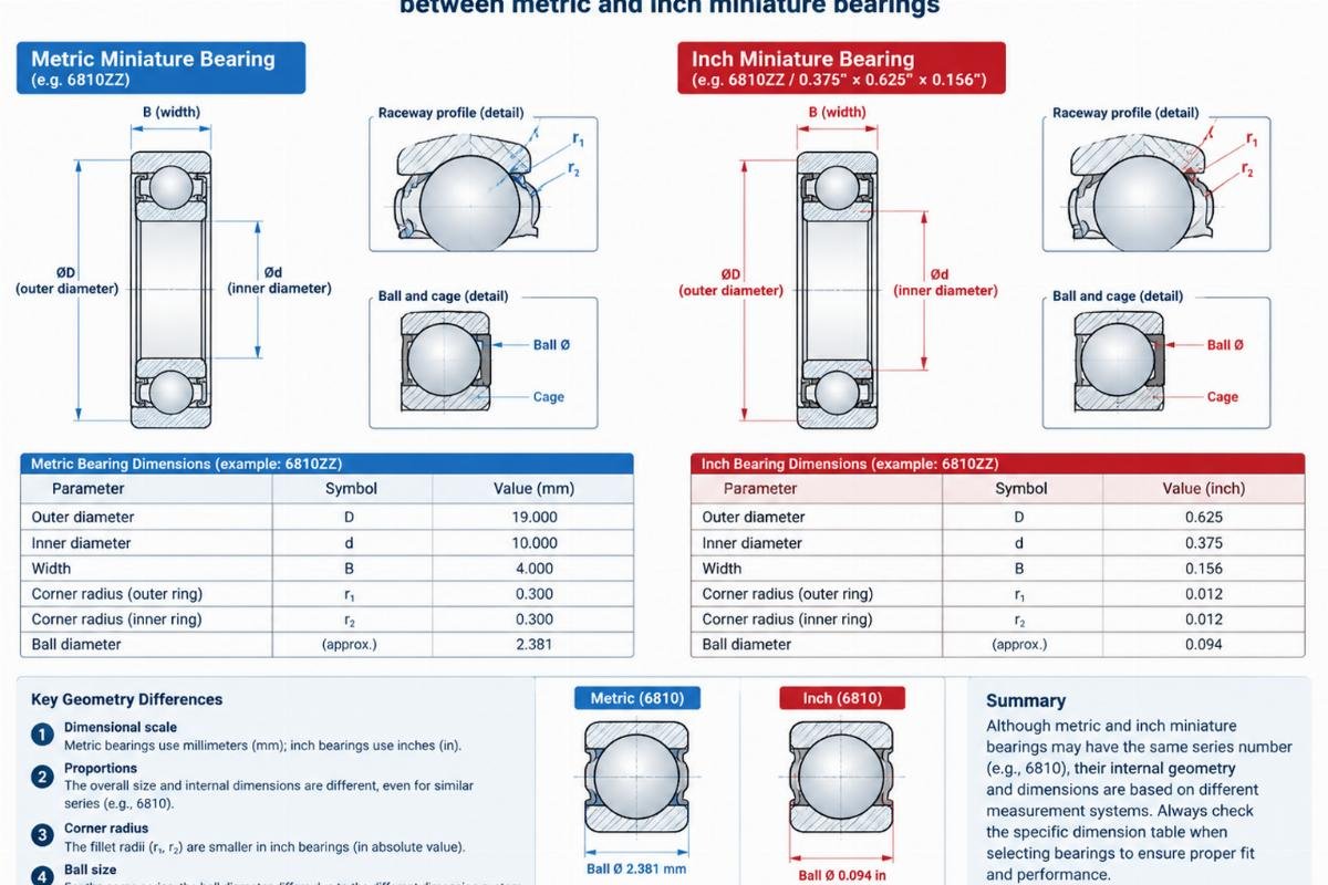 Technical drawing showing internal geometry differences between metric and inch miniature bearings