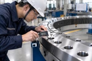 Technical engineer inspecting mounting hole tolerances on a large slewing ring