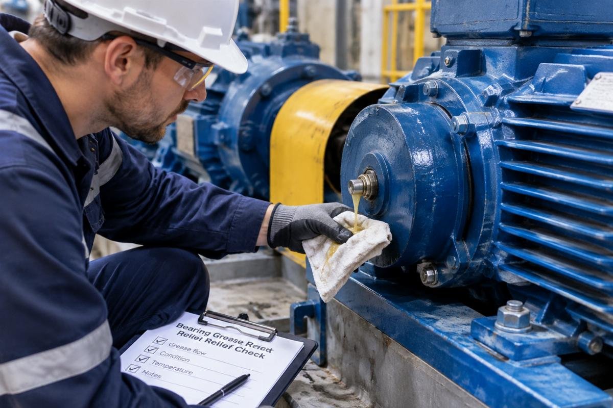 Technician performing grease relief check on an industrial motor bearing