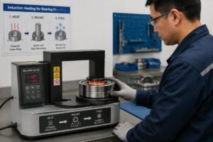 Technician using an induction heater for bearings to safely expand the inner ring during mounting
