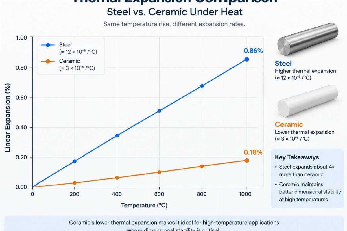 Thermal expansion graph comparing steel and ceramic materials under heat