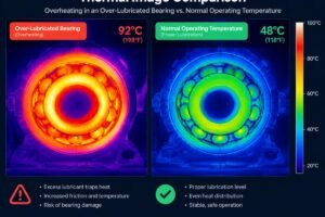 Thermal image comparison showing overheating in an over-lubricated bearing versus normal operating temperature