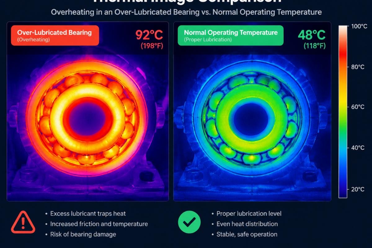 Thermal image comparison showing overheating in an over-lubricated bearing versus normal operating temperature