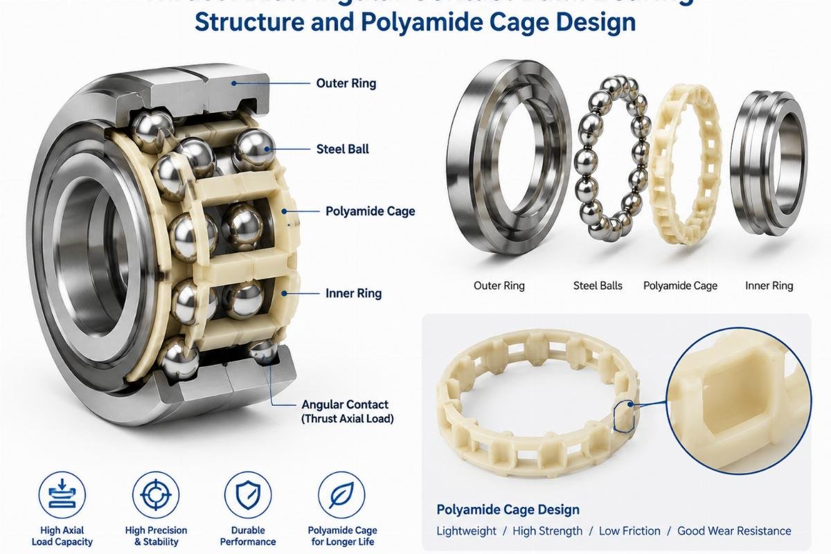Thrust axial angular contact ball bearing structure and polyamide cage design