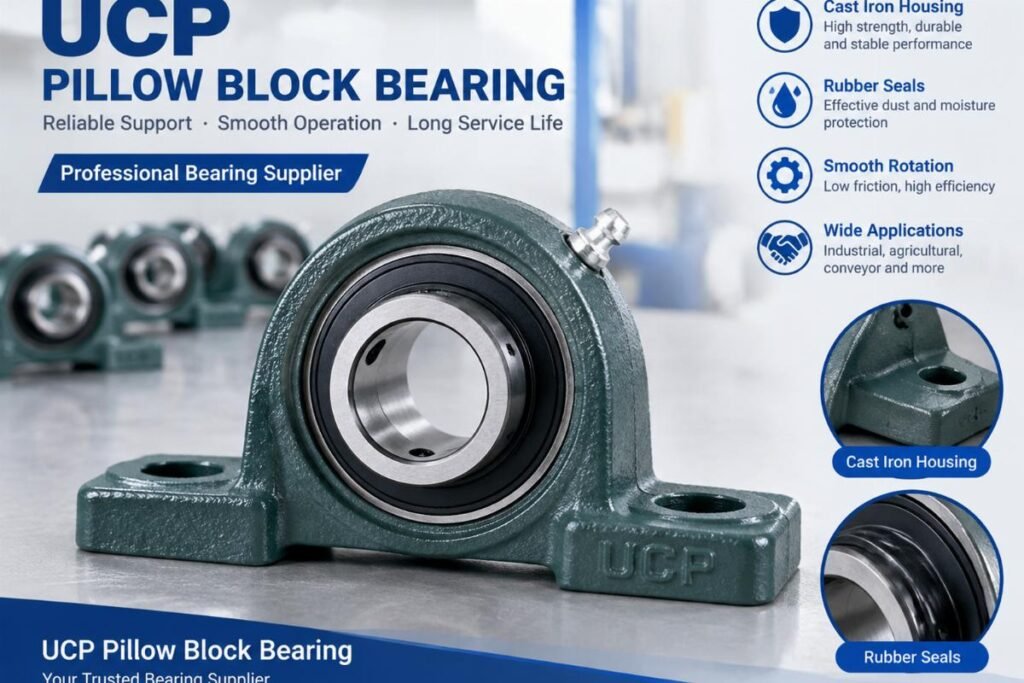 UCP pillow block bearing supplier showcasing cast iron housing and rubber seals