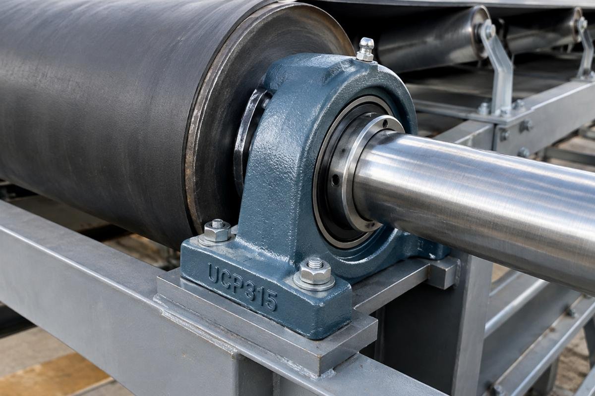 UCP315 pillow block bearing mounted on a conveyor drive shaft