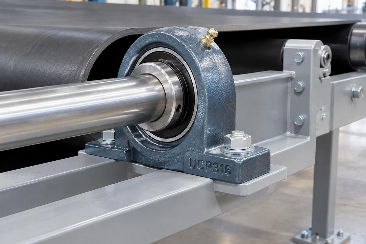 UCP316 pillow block bearing mounted on a conveyor frame
