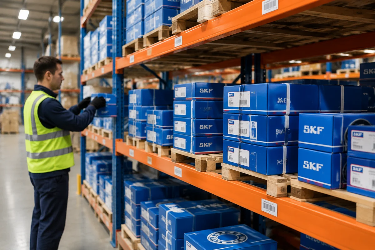 Warehouse shelves with traceable SKF bearing packaging