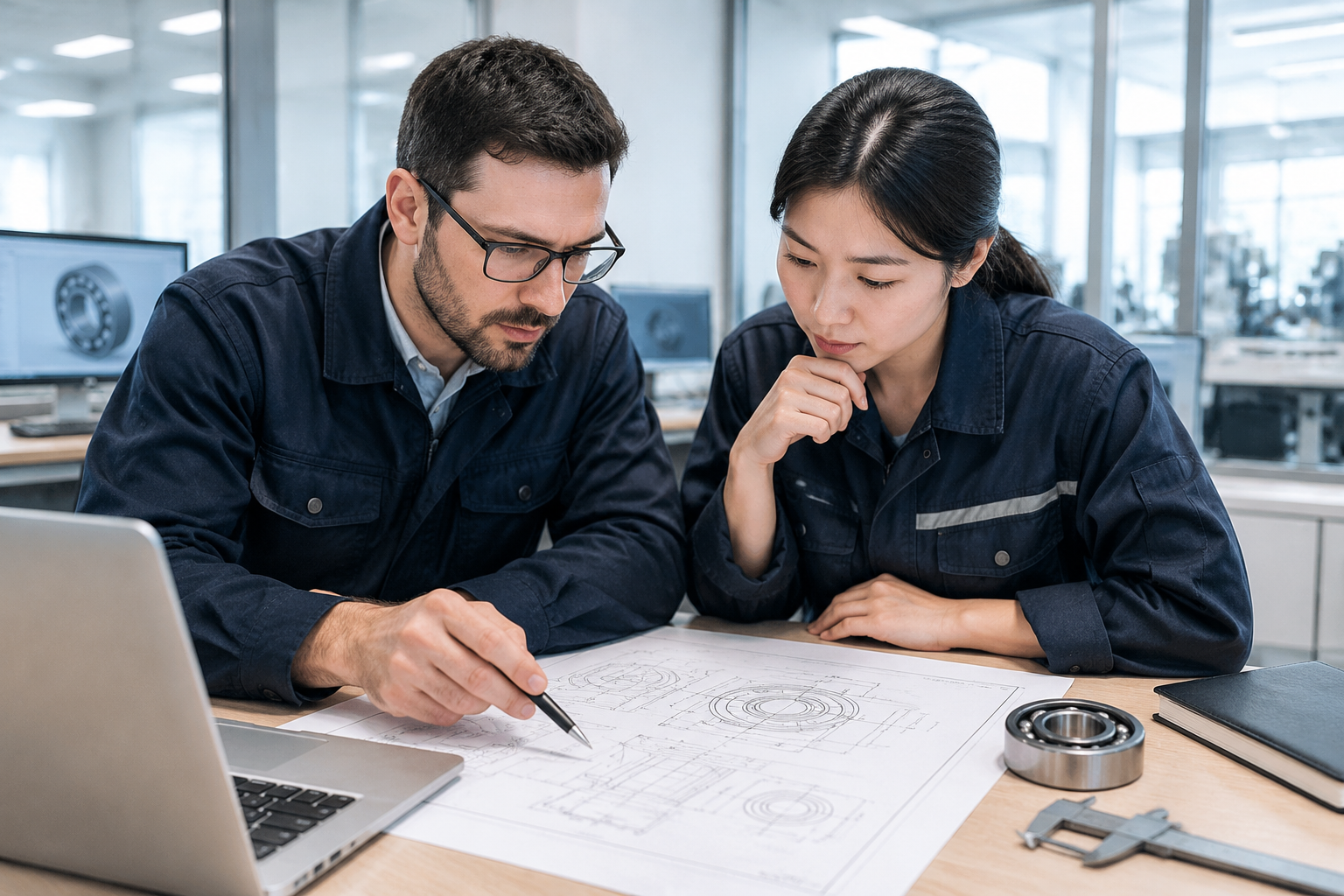 SKFBEAR technical support engineers reviewing a bearing drawing